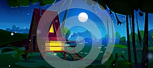 Night forest house cartoon vector landscape scene