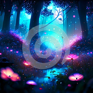 Night forest with magic light. Illustration of fantasy forest with colorful flowers AI generated