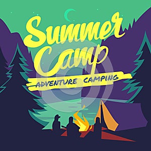 Night forest with moonlight and campfire summer adventure camping vector poster