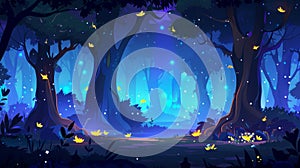 Night forest with moonlight glow and flying fireflies. Cartoon game scene with separated layers, panoramic view of the