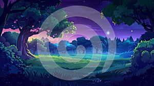 A night forest with trees and an arena in a park for a game battle. Beautiful fantasy garden panorama scene. Outdoor