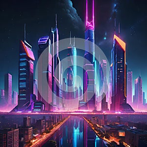 night futuristic city - metropolis with large skyscrapers, fantasy picture for design