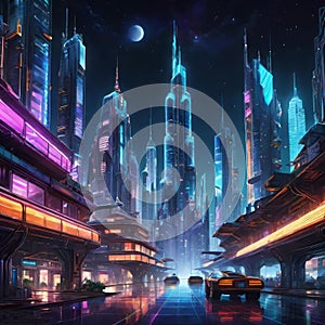 night futuristic city - metropolis with large skyscrapers, fantasy picture for design