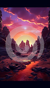 night futuristic mountain alien view, with bright colors