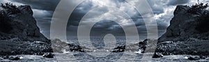 Night futuristic seascape. Panorama dramatic seascape with rocks. Night monochrome landscape, islands.