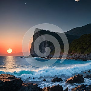 Night futuristic seascape. Reflection of the moon on sea water. Large stones, rocks on the shore, trees. Rays of