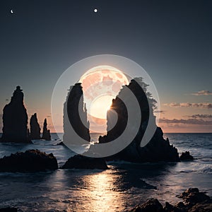 Night futuristic seascape. Reflection of the moon on sea water. Large stones, rocks on the shore, trees. Rays of