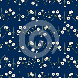 Night garden floral pattern background. Cute tiny white flowers, baby`s breath, Gypsophila flowers seamless pattern