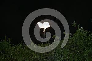 Night garden lamp, streetlamp in dark night, street lamp in garden, dark night, green leaves in dark night, light butterfly lamp