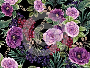 Night Garden rose peony berry and coffee bouquet blooming meadow, seamless pattern, plant background for fashion, wallpaper