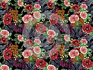 Night Garden rose peony berry and coffee bouquet blooming meadow, seamless pattern, plant background for fashion, wallpaper