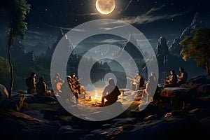 Night Gathering Around Campfire Under Full Moon