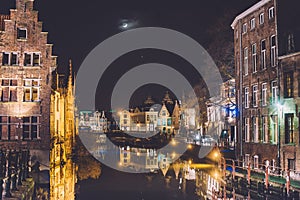 Night Ghent Canal in Old Town