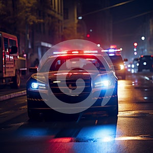 Night guardians Police car lights pierce through the city darkness