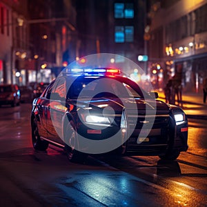 Night guardians Police car lights pierce through the city darkness