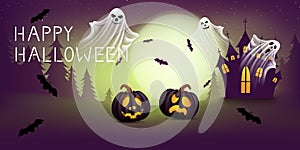 Night Halloween background or banner with description Happy Halloween, pumpkins in meadow