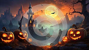 night halloween background with moon bats and pumpkins