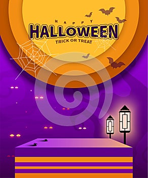 Night Halloween Background. Square pedestal for Graphic show decorated with Spooky night scene. Halloween background.