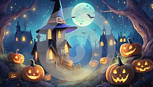 night halloween scene with haunted castle and glowing pumpkins