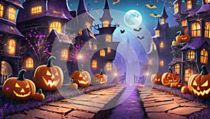 night halloween scene with haunted castle and glowing pumpkins