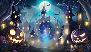 night halloween scene with haunted castle and glowing pumpkins