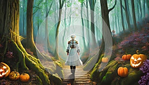 night halowen forest with figure