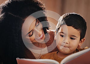 Night, happy and mother with child and book for bedtime storytelling, fairytale and education. Relax, reading and smile