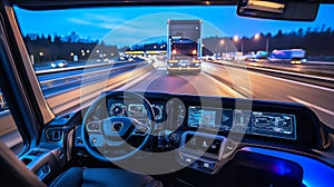 Night Highway Driving: Modern Truck Interior with Digital Dashboard
