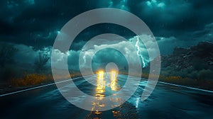 Night highway storm, lightning, rain, desert, driving