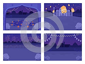 Night Hindu holiday celebration flat color vector illustration set