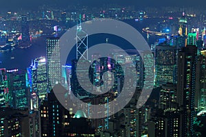 Night Hong Kong skyscrapers with cyberpunk lights
