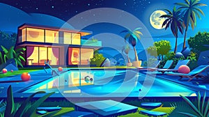 At night, a house and swimming pool are illuminated with deck chairs and balls in the water. Modern cartoon summer