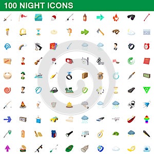 100 night icons set, cartoon style