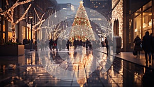 Night illuminated Christmas tree, city life, crowded streets generated by AI