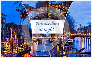 Night illumination of Amsterdam canal and bridge with typical dutch houses, boats and bicycles.