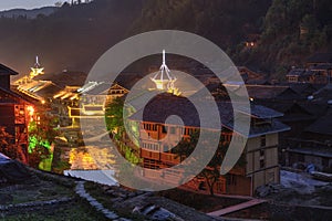 Night illumination facades of wooden houses LED lights, Chinese