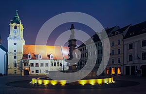 Night illumination of Main Square in center of Bratislava