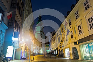 Night illumination of Michael Gate in center of Bratislava