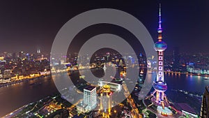 Night illumination shanghai river bay downtown panorama 4k time lapse china