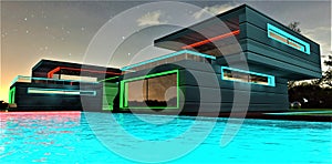 Night illumination of the stunning villa with turquoise pool. Profitable investment for suburban real estate resellers. 3d