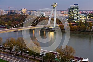 Night illumination of UFO Bridge in Bratislava