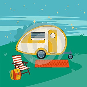 Night illustration of Campers RV on wheels. A poster with a road trailer for a house. A vehicle, Camping cars-caravans