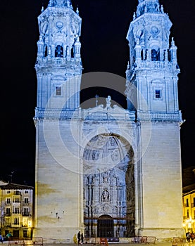 Night image of the main facade of the concatedral of LogroÃ±o, Spain, ca