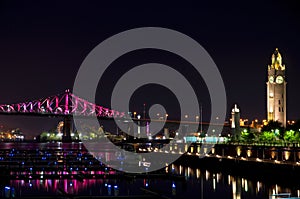 Night Image of Montreal Old Port with View of the Bridge and Clock Tower