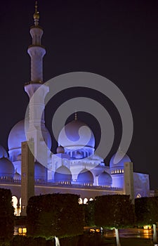 Night image of a Tower at the stunning Sheikh Zayed Grand Mosque in Abu Dhabi UAE