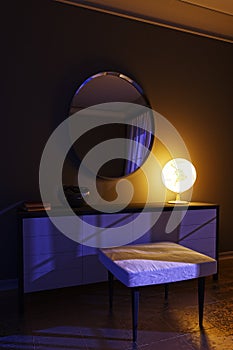 Night interior in a modern style with an unusual lamp.