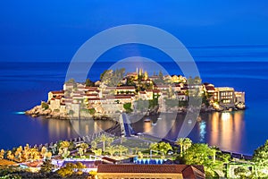 Night islet and hotel Sveti Stefan, Montenegro, Adriatic sea, Eu