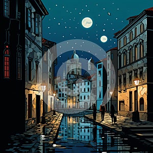 Night Italy Old Town Night Street Illustration.