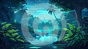 In the night jungle forest, there is a river cartoon background. It features a lake, a fantasy tree, palm, and bush
