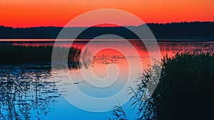 Night Lake With Reeds After Red Sunset